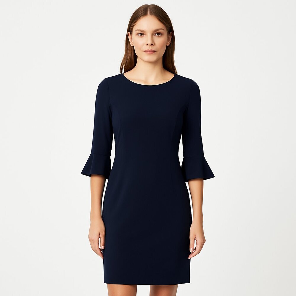 Laundry by Shelli Segal Navy Ruffle Sleeve Sheath Dress Stretch Small